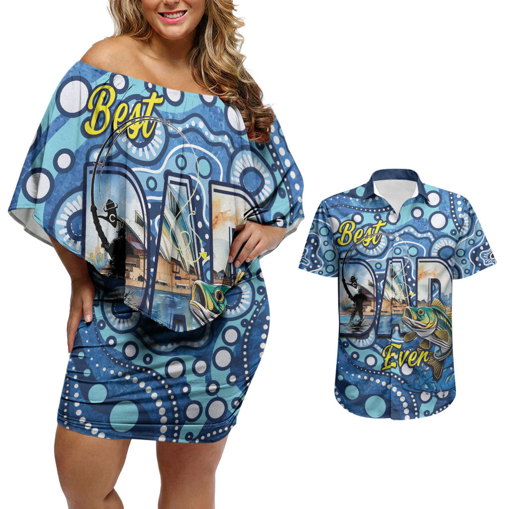 Personalised Australia Father's Day Couples Matching Off Shoulder Short Dress and Hawaiian Shirt Aussie Fishing Best Dad Ever Aboriginal Pattern