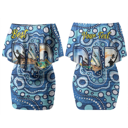 Personalised Australia Father's Day Couples Matching Off Shoulder Short Dress and Hawaiian Shirt Aussie Fishing Best Dad Ever Aboriginal Pattern