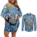 Personalised Australia Father's Day Couples Matching Off Shoulder Short Dress and Long Sleeve Button Shirt Aussie Fishing Best Dad Ever Aboriginal Pattern