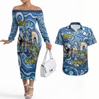 Personalised Australia Father's Day Couples Matching Off The Shoulder Long Sleeve Dress and Hawaiian Shirt Aussie Fishing Best Dad Ever Aboriginal Pattern