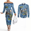 Personalised Australia Father's Day Couples Matching Off The Shoulder Long Sleeve Dress and Long Sleeve Button Shirt Aussie Fishing Best Dad Ever Aboriginal Pattern