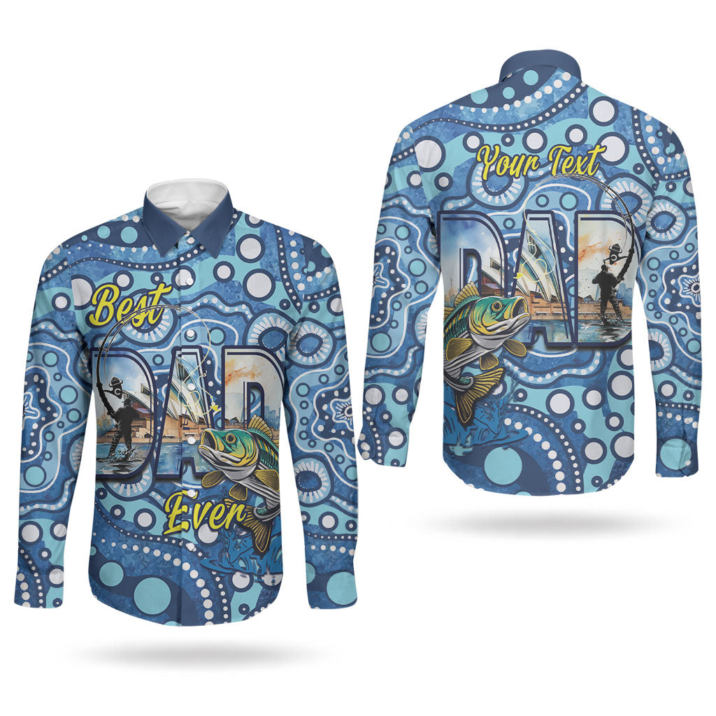 Personalised Australia Father's Day Couples Matching Off The Shoulder Long Sleeve Dress and Long Sleeve Button Shirt Aussie Fishing Best Dad Ever Aboriginal Pattern