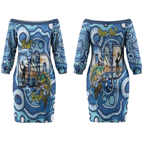 Personalised Australia Father's Day Couples Matching Off The Shoulder Long Sleeve Dress and Long Sleeve Button Shirt Aussie Fishing Best Dad Ever Aboriginal Pattern