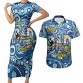 Personalised Australia Father's Day Couples Matching Short Sleeve Bodycon Dress and Hawaiian Shirt Aussie Fishing Best Dad Ever Aboriginal Pattern