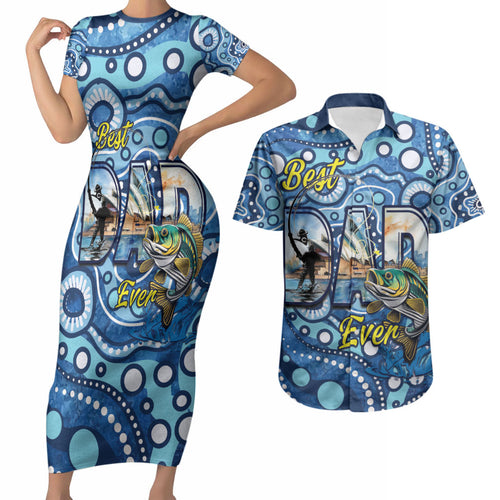 Personalised Australia Father's Day Couples Matching Short Sleeve Bodycon Dress and Hawaiian Shirt Aussie Fishing Best Dad Ever Aboriginal Pattern