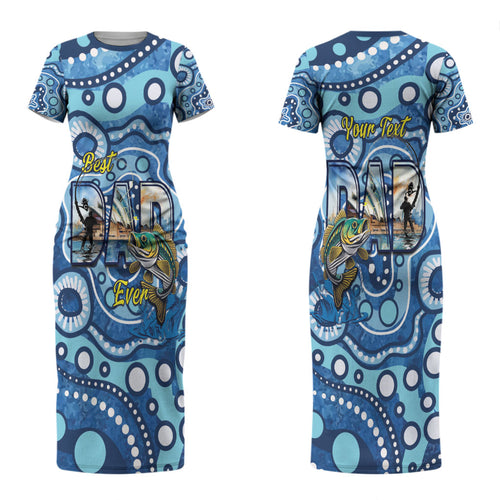 Personalised Australia Father's Day Couples Matching Short Sleeve Bodycon Dress and Hawaiian Shirt Aussie Fishing Best Dad Ever Aboriginal Pattern