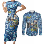 Personalised Australia Father's Day Couples Matching Short Sleeve Bodycon Dress and Long Sleeve Button Shirt Aussie Fishing Best Dad Ever Aboriginal Pattern