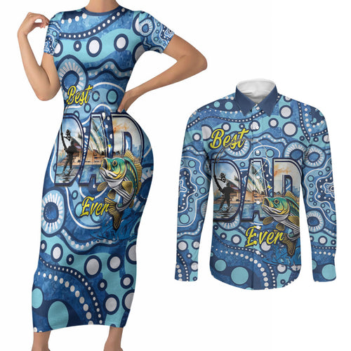 Personalised Australia Father's Day Couples Matching Short Sleeve Bodycon Dress and Long Sleeve Button Shirt Aussie Fishing Best Dad Ever Aboriginal Pattern