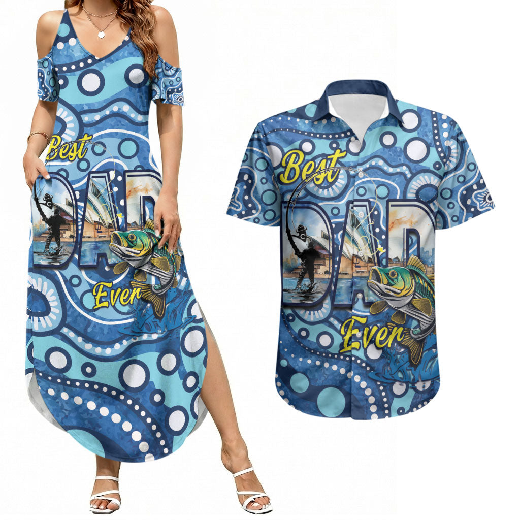 Personalised Australia Father's Day Couples Matching Summer Maxi Dress and Hawaiian Shirt Aussie Fishing Best Dad Ever Aboriginal Pattern
