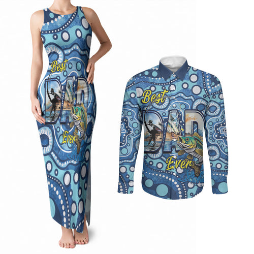 Personalised Australia Father's Day Couples Matching Tank Maxi Dress and Long Sleeve Button Shirt Aussie Fishing Best Dad Ever Aboriginal Pattern