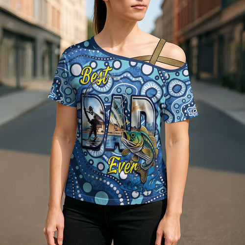 Personalised Australia Father's Day Cross Shoulder Shirt Aussie Fishing Best Dad Ever Aboriginal Pattern