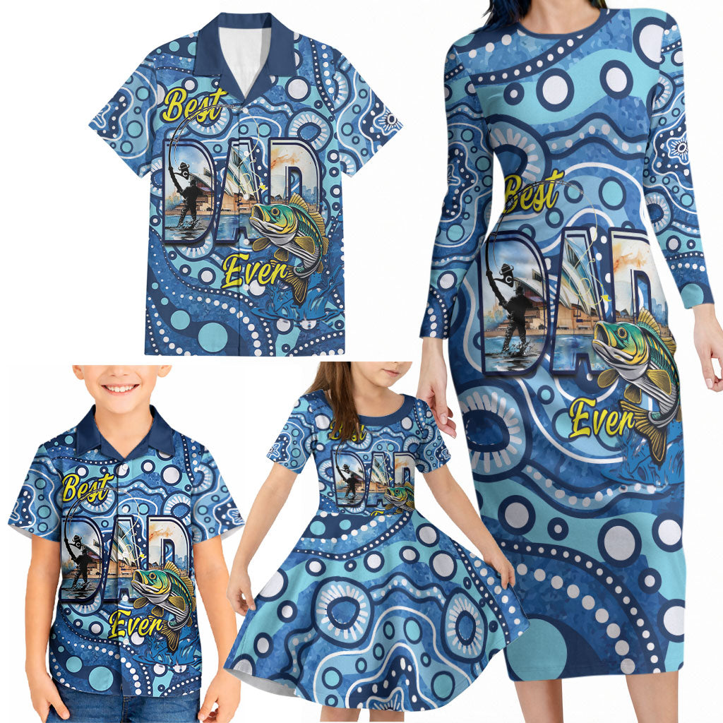Personalised Australia Father's Day Family Matching Long Sleeve Bodycon Dress and Hawaiian Shirt Aussie Fishing Best Dad Ever Aboriginal Pattern