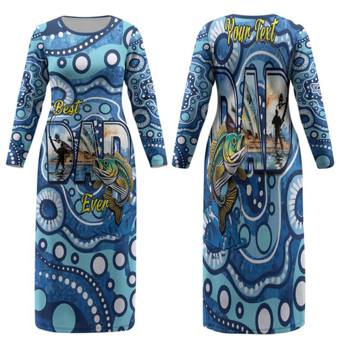 Personalised Australia Father's Day Family Matching Long Sleeve Bodycon Dress and Hawaiian Shirt Aussie Fishing Best Dad Ever Aboriginal Pattern