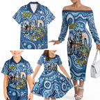 Personalised Australia Father's Day Family Matching Off The Shoulder Long Sleeve Dress and Hawaiian Shirt Aussie Fishing Best Dad Ever Aboriginal Pattern