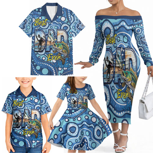 Personalised Australia Father's Day Family Matching Off The Shoulder Long Sleeve Dress and Hawaiian Shirt Aussie Fishing Best Dad Ever Aboriginal Pattern