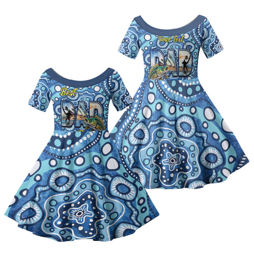 Personalised Australia Father's Day Family Matching Off The Shoulder Long Sleeve Dress and Hawaiian Shirt Aussie Fishing Best Dad Ever Aboriginal Pattern