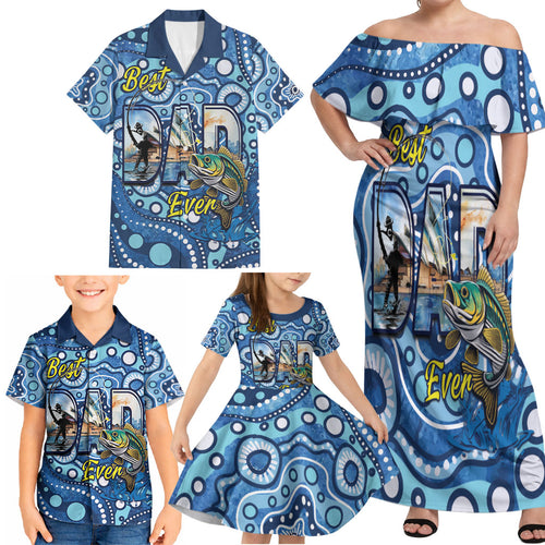 Personalised Australia Father's Day Family Matching Off Shoulder Maxi Dress and Hawaiian Shirt Aussie Fishing Best Dad Ever Aboriginal Pattern