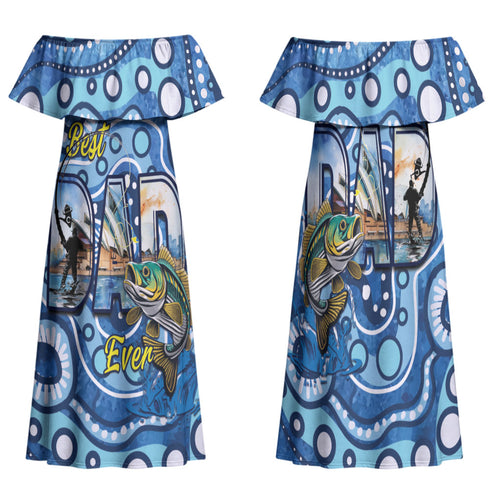 Personalised Australia Father's Day Family Matching Off Shoulder Maxi Dress and Hawaiian Shirt Aussie Fishing Best Dad Ever Aboriginal Pattern