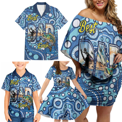 Personalised Australia Father's Day Family Matching Off Shoulder Short Dress and Hawaiian Shirt Aussie Fishing Best Dad Ever Aboriginal Pattern