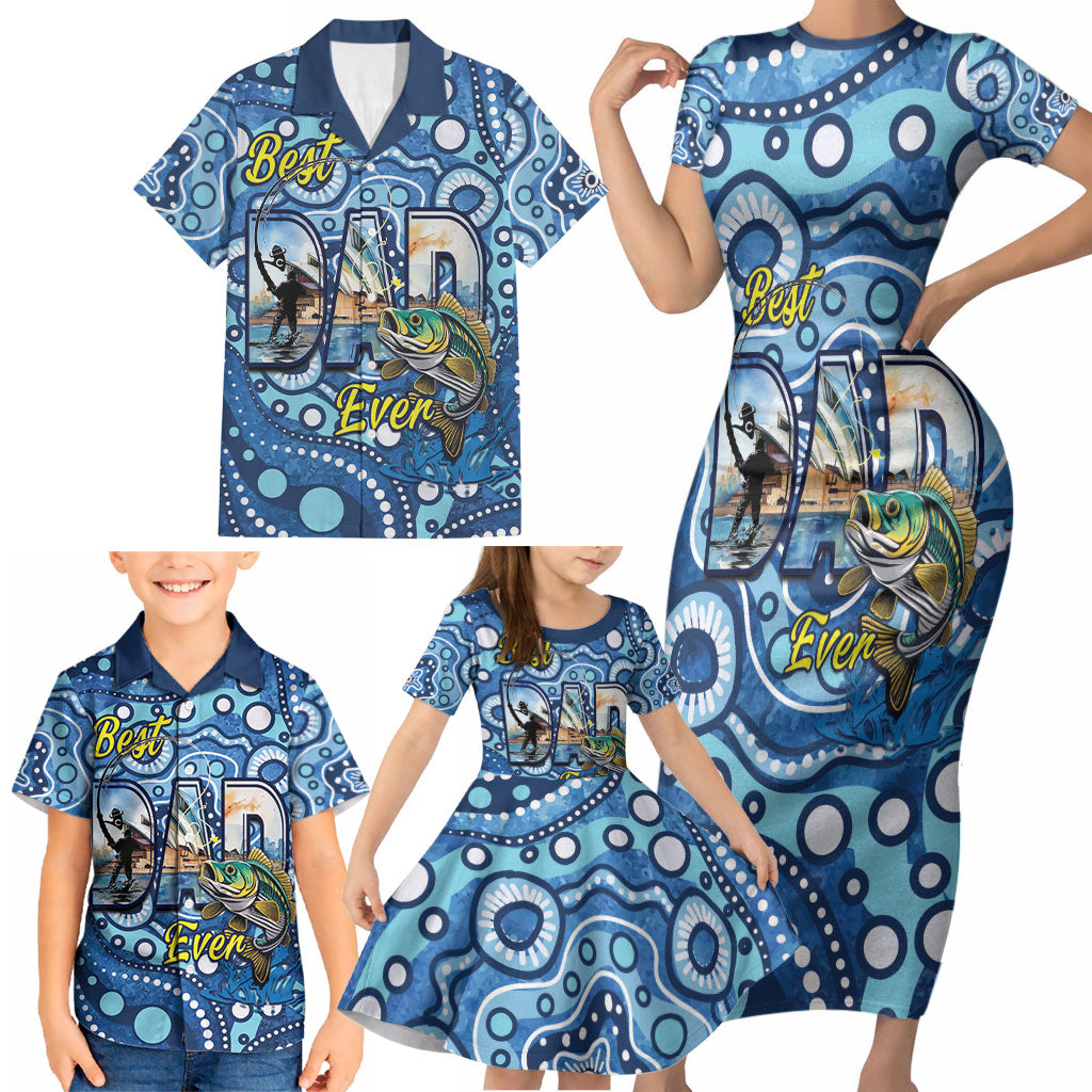 Personalised Australia Father's Day Family Matching Short Sleeve Bodycon Dress and Hawaiian Shirt Aussie Fishing Best Dad Ever Aboriginal Pattern