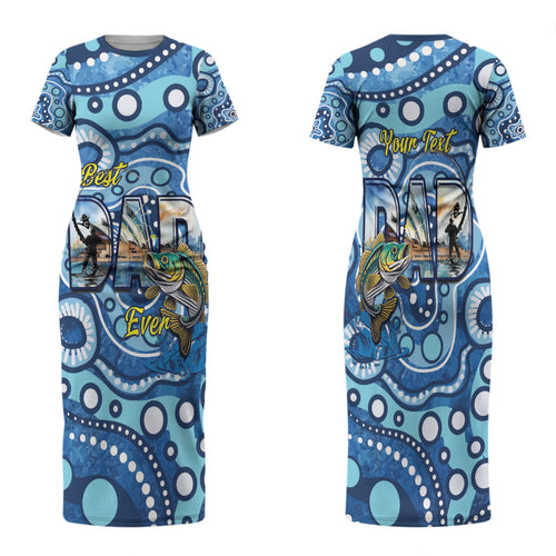 Personalised Australia Father's Day Family Matching Short Sleeve Bodycon Dress and Hawaiian Shirt Aussie Fishing Best Dad Ever Aboriginal Pattern