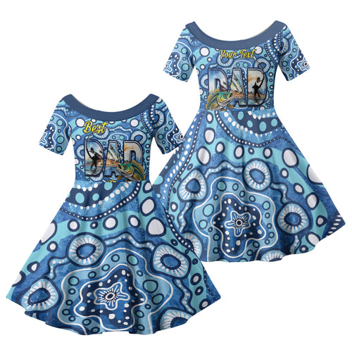 Personalised Australia Father's Day Family Matching Short Sleeve Bodycon Dress and Hawaiian Shirt Aussie Fishing Best Dad Ever Aboriginal Pattern