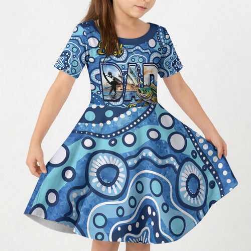Personalised Australia Father's Day Kid Short Sleeve Dress Aussie Fishing Best Dad Ever Aboriginal Pattern