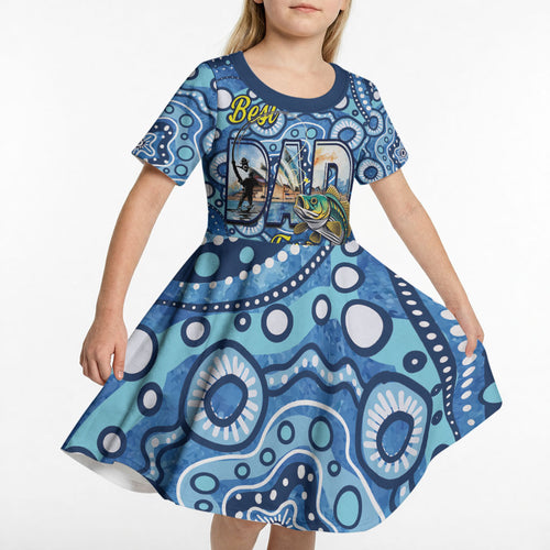 Personalised Australia Father's Day Kid Short Sleeve Dress Aussie Fishing Best Dad Ever Aboriginal Pattern