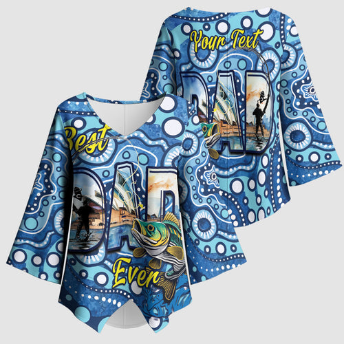 Personalised Australia Father's Day Kimono Sleeve Blouse Aussie Fishing Best Dad Ever Aboriginal Pattern