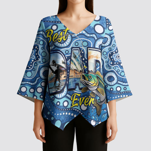 Personalised Australia Father's Day Kimono Sleeve Blouse Aussie Fishing Best Dad Ever Aboriginal Pattern