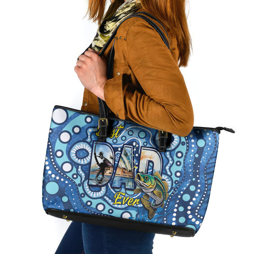 Australia Father's Day Leather Tote Bag Aussie Fishing Best Dad Ever Aboriginal Pattern