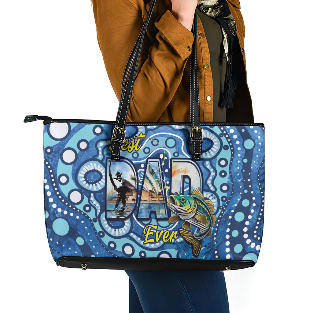 Australia Father's Day Leather Tote Bag Aussie Fishing Best Dad Ever Aboriginal Pattern