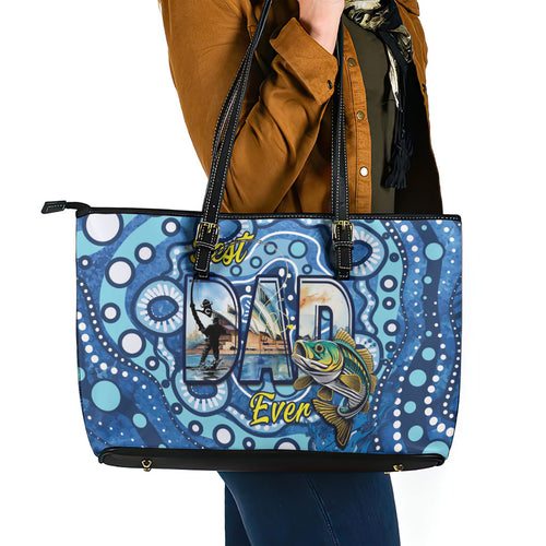 Australia Father's Day Leather Tote Bag Aussie Fishing Best Dad Ever Aboriginal Pattern
