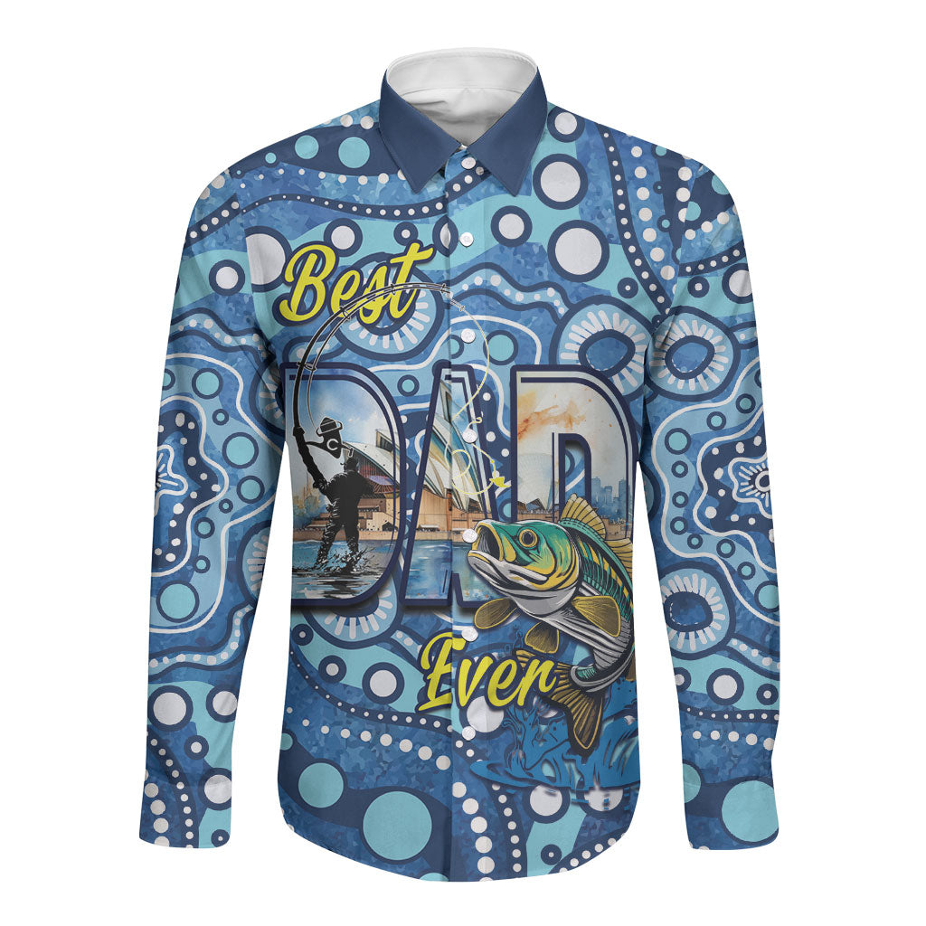 Personalised Australia Father's Day Long Sleeve Button Shirt Aussie Fishing Best Dad Ever Aboriginal Pattern