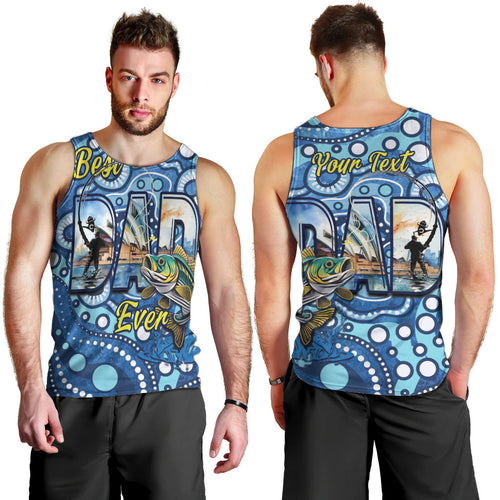 Personalised Australia Father's Day Men Tank Top Aussie Fishing Best Dad Ever Aboriginal Pattern