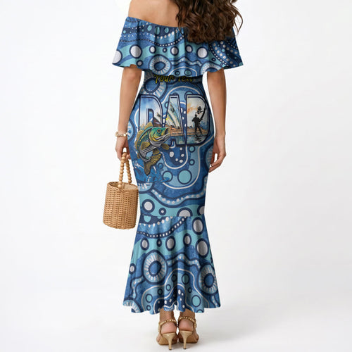 Personalised Australia Father's Day Mermaid Dress Aussie Fishing Best Dad Ever Aboriginal Pattern