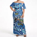 Personalised Australia Father's Day Off Shoulder Maxi Dress Aussie Fishing Best Dad Ever Aboriginal Pattern