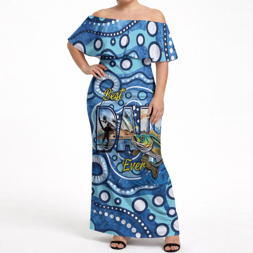 Personalised Australia Father's Day Off Shoulder Maxi Dress Aussie Fishing Best Dad Ever Aboriginal Pattern