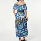 Personalised Australia Father's Day Off Shoulder Maxi Dress Aussie Fishing Best Dad Ever Aboriginal Pattern
