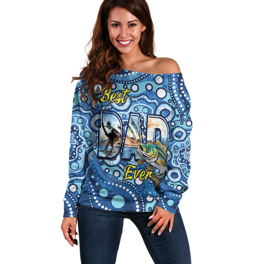 Personalised Australia Father's Day Off Shoulder Sweater Aussie Fishing Best Dad Ever Aboriginal Pattern