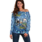 Personalised Australia Father's Day Off Shoulder Sweater Aussie Fishing Best Dad Ever Aboriginal Pattern