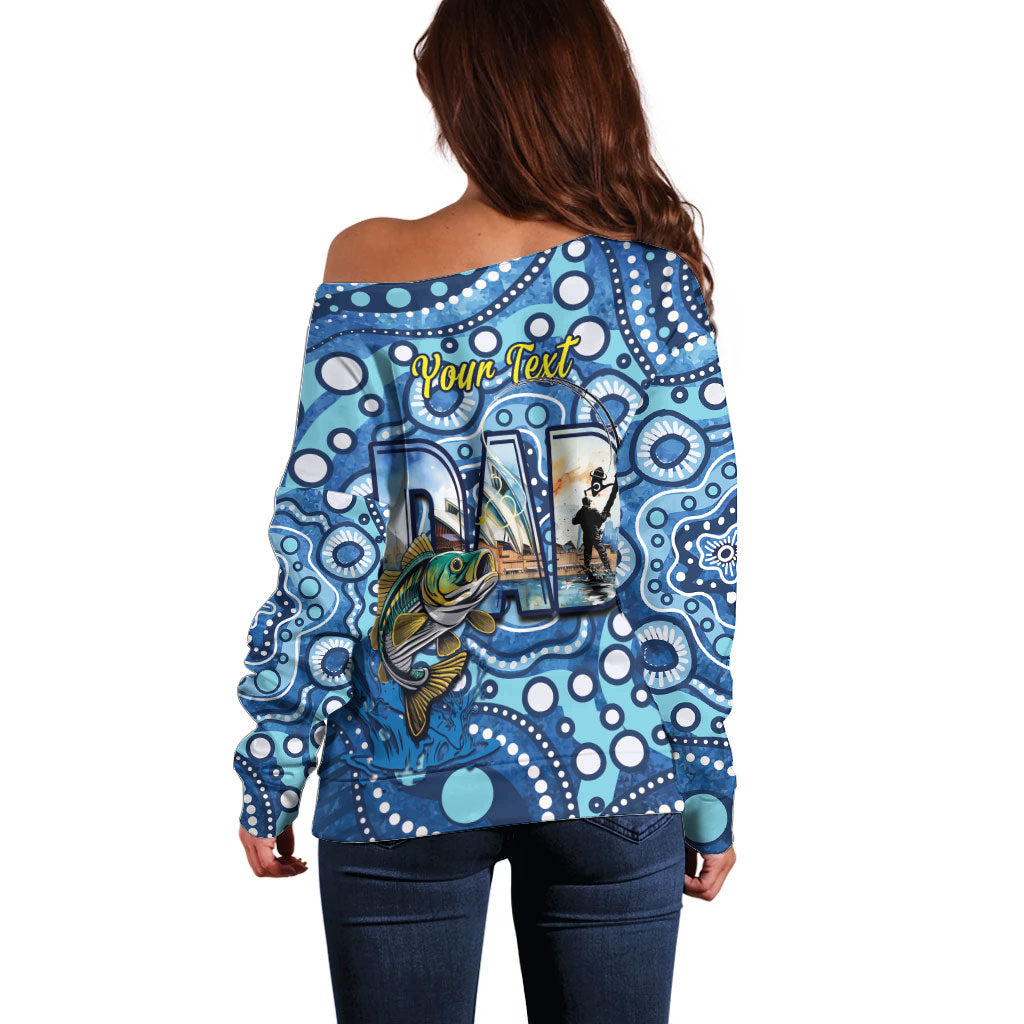 Personalised Australia Father's Day Off Shoulder Sweater Aussie Fishing Best Dad Ever Aboriginal Pattern