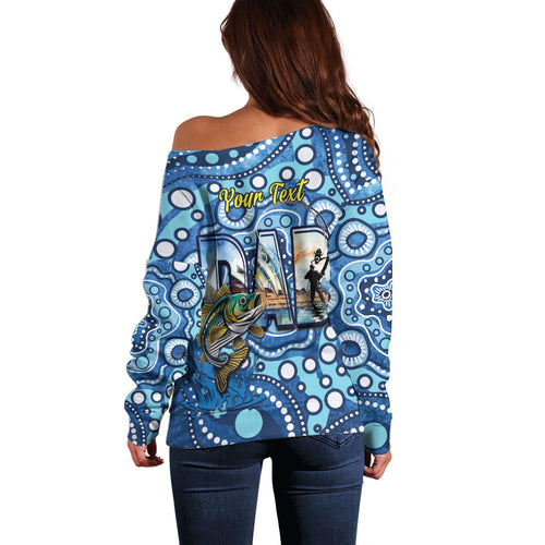 Personalised Australia Father's Day Off Shoulder Sweater Aussie Fishing Best Dad Ever Aboriginal Pattern