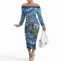 Personalised Australia Father's Day Off The Shoulder Long Sleeve Dress Aussie Fishing Best Dad Ever Aboriginal Pattern