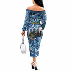 Personalised Australia Father's Day Off The Shoulder Long Sleeve Dress Aussie Fishing Best Dad Ever Aboriginal Pattern