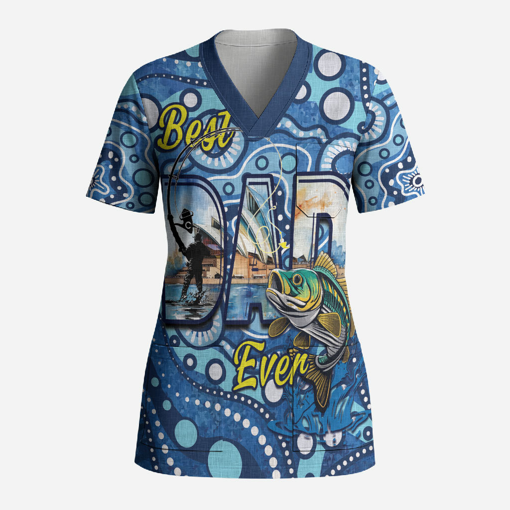 Personalised Australia Father's Day Scrub Top Aussie Fishing Best Dad Ever Aboriginal Pattern