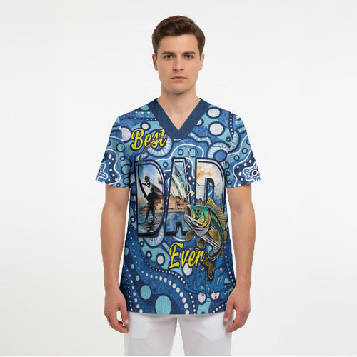 Personalised Australia Father's Day Scrub Top Aussie Fishing Best Dad Ever Aboriginal Pattern