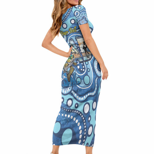 Personalised Australia Father's Day Short Sleeve Bodycon Dress Aussie Fishing Best Dad Ever Aboriginal Pattern