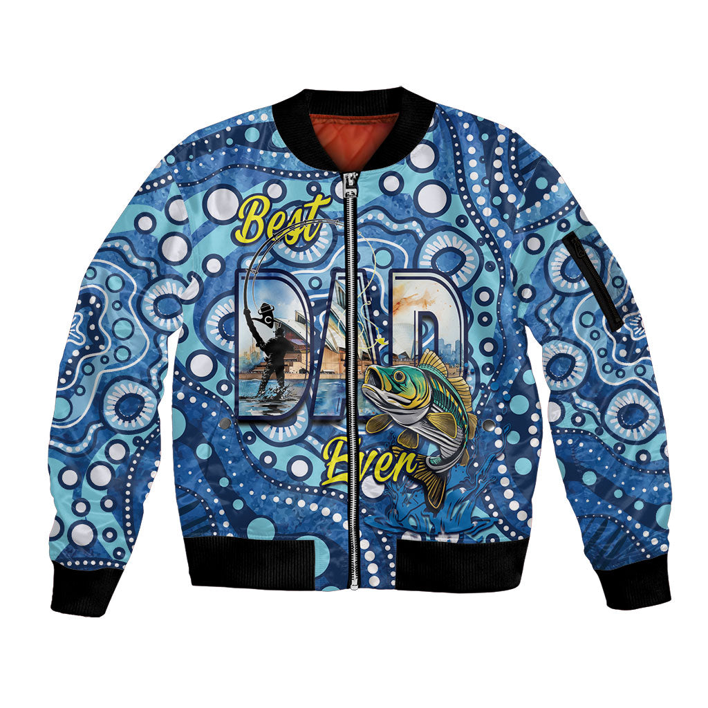 Personalised Australia Father's Day Sleeve Zip Bomber Jacket Aussie Fishing Best Dad Ever Aboriginal Pattern