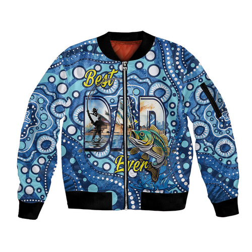 Personalised Australia Father's Day Sleeve Zip Bomber Jacket Aussie Fishing Best Dad Ever Aboriginal Pattern
